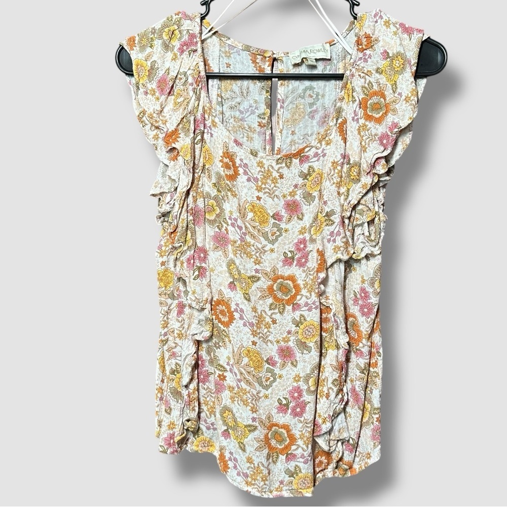Cynthia Rowley Floral Flutter Sleeve Blouse Medium Cream Orange Pink Boho